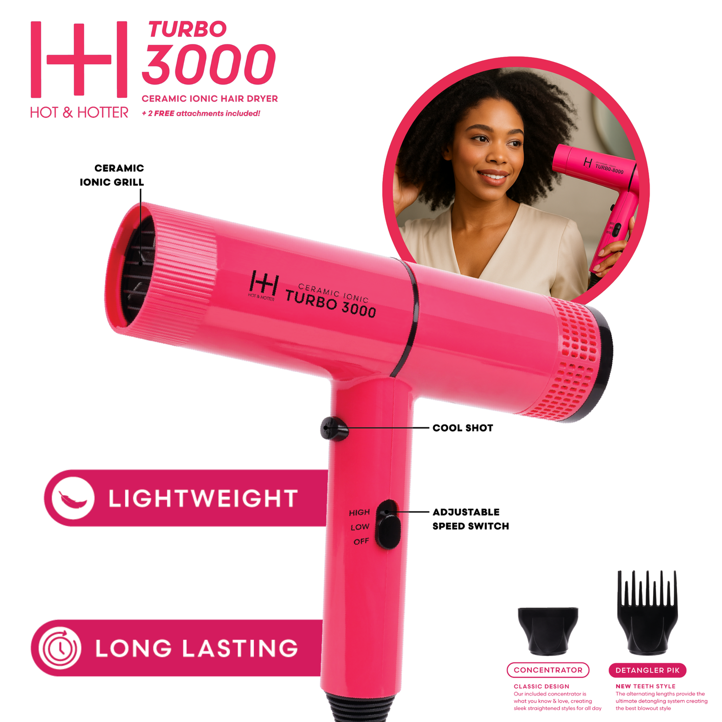 Hot & Hotter Ceramic Turbo 3000 Hair Dryer, Pink