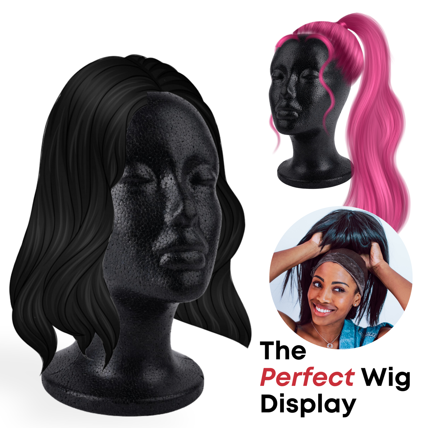 Annie Foam Wig Head, 21" Polystyrene Hair Display, Black